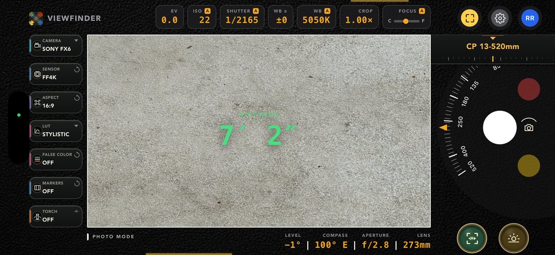 LiDAR measurement in the viewfinder frame reading 7 feet 2 inches