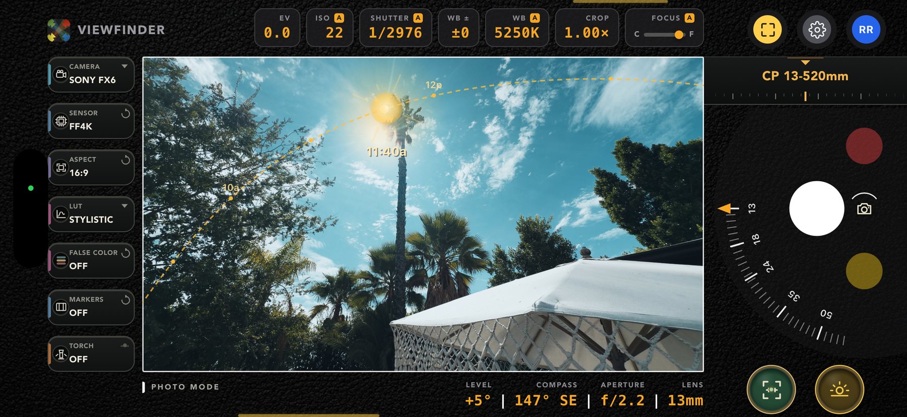 CamPlot Director's Viewfinder in Photo mode — a Sony FX6 FF4K frame with the sun path drawn across it, lens roll on the right, widget rail on the left