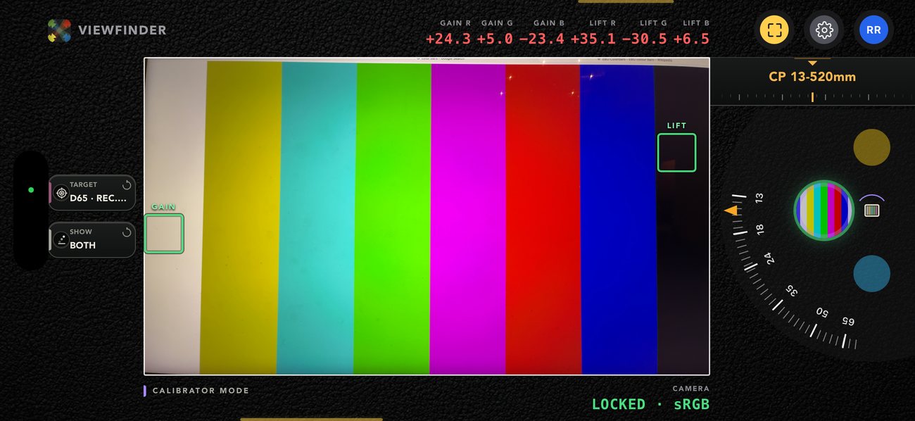 Monitor calibrator mode — colour bars in frame with gain R G B and lift R G B trims across the top, locked sRGB