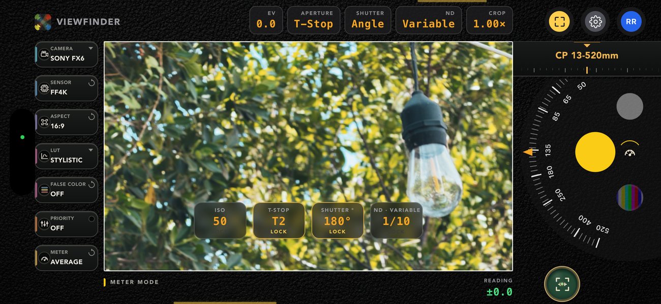 Exposure meter mode — ISO 50, T2 locked, 180 degree shutter locked, variable ND 1/10, yellow freeze button