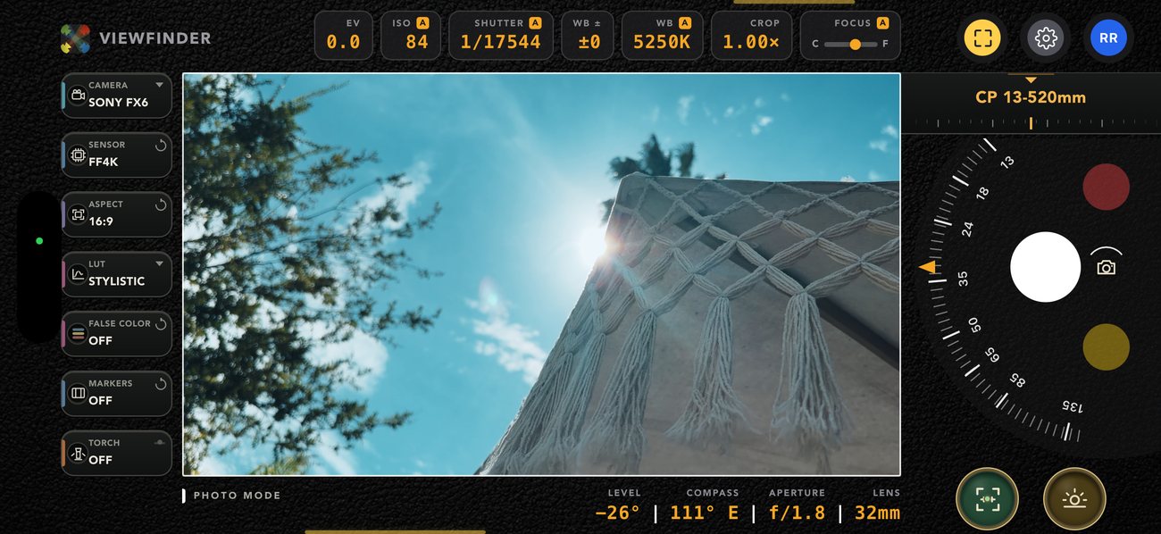 Photo mode — Sony FX6, FF4K, 16:9, Stylistic LUT, live EV ISO shutter and WB readouts along the top