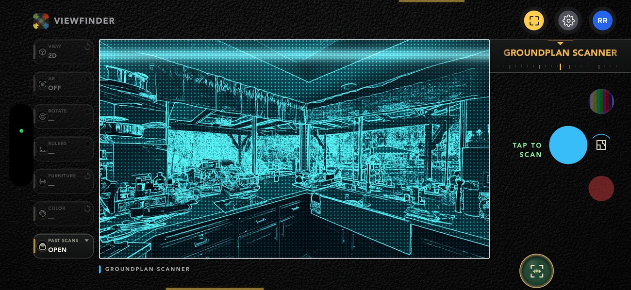 Groundplan scanner mid-scan — LiDAR wireframe of a room in cyan, TAP TO SCAN on the blue capture button