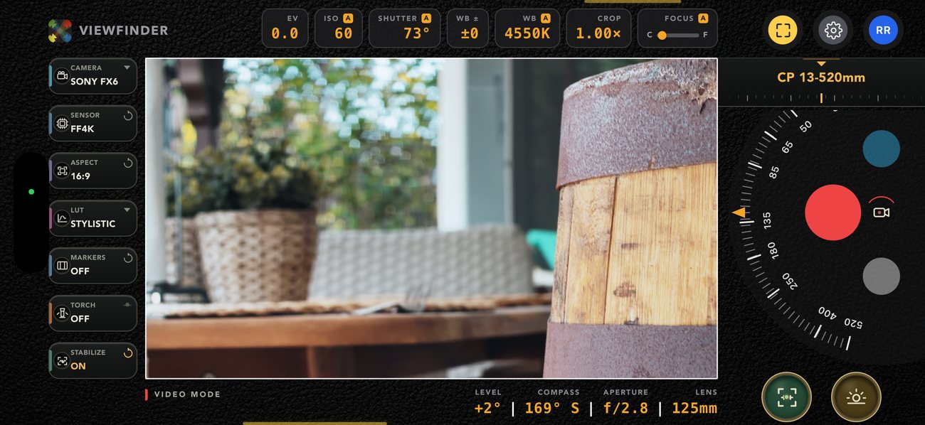 Video mode — red record button, 73 degree shutter angle, stabilisation on, 125mm on the lens roll