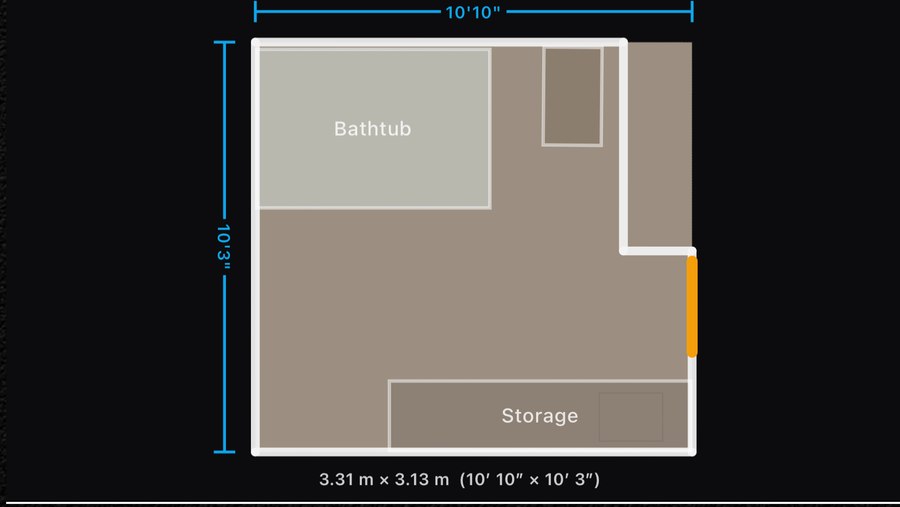 Scan review in 2D — dimensioned overhead plan, 3.31m by 3.13m, bathtub and storage labelled