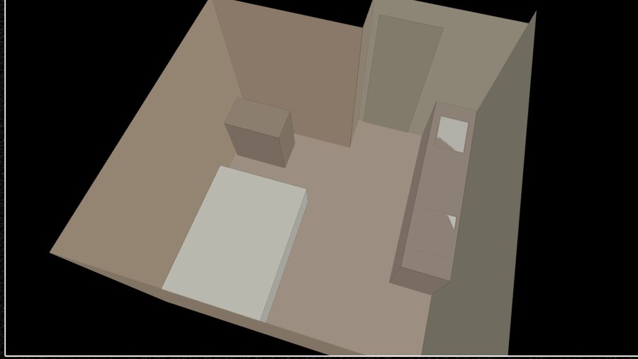 Scan review in 3D — the same room as an orbitable tinted model