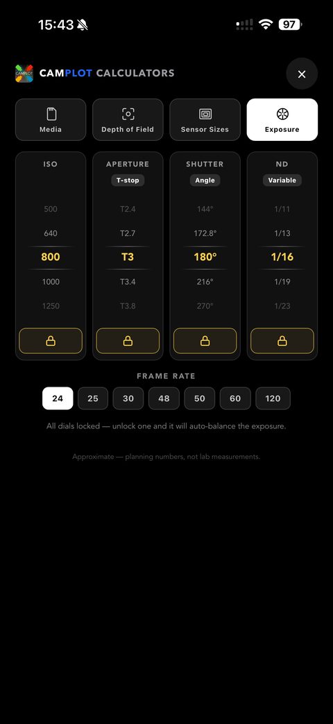 Exposure calculator with ISO, aperture, shutter and ND gears