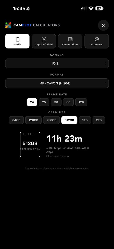 Media calculator showing record time for a 512GB card