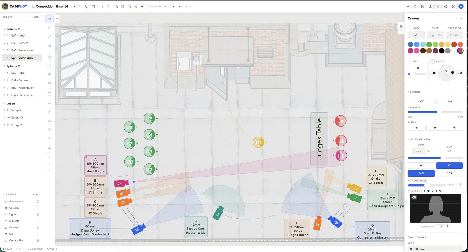 CamPlot on Mac — multicam overhead plot with cameras, subjects, FOV cones, and movement paths