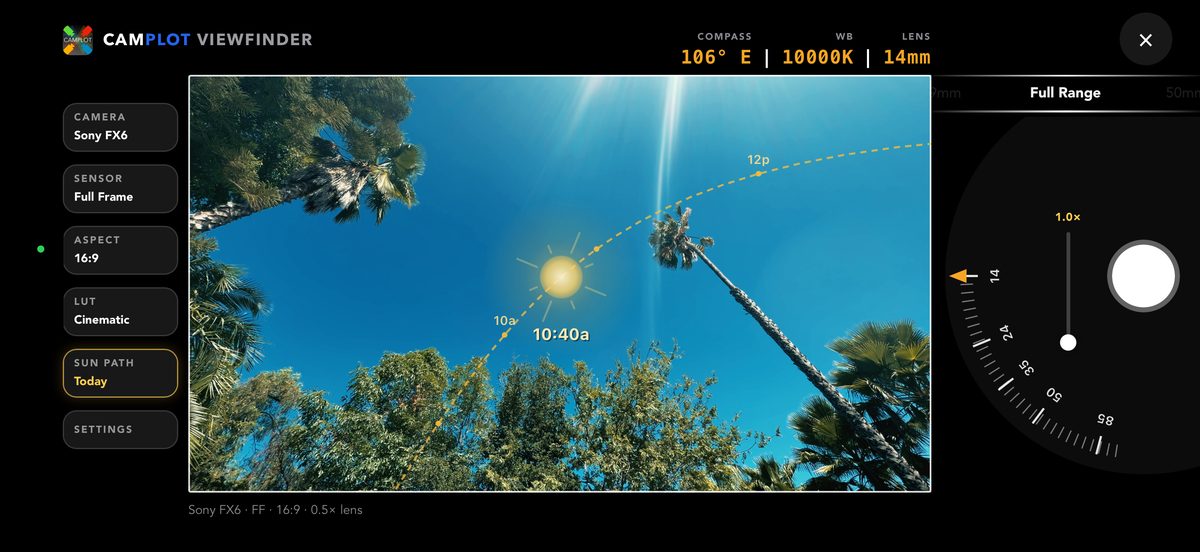 CamPlot Director's Viewfinder on iPhone — framed shot with the sun path drawn over it