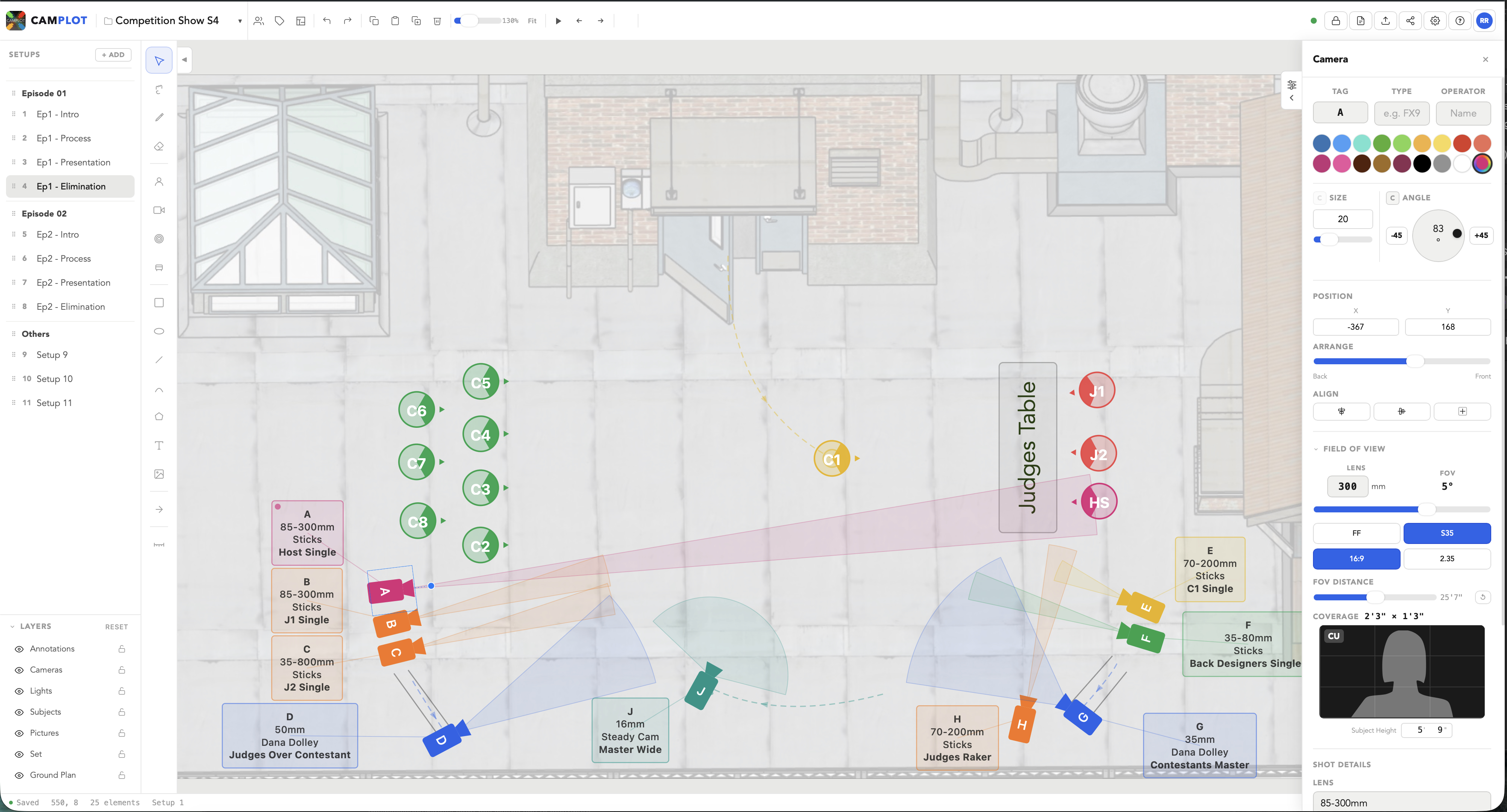 CamPlot in action — multicam overhead plot with cameras, subjects, FOV cones, and movement paths